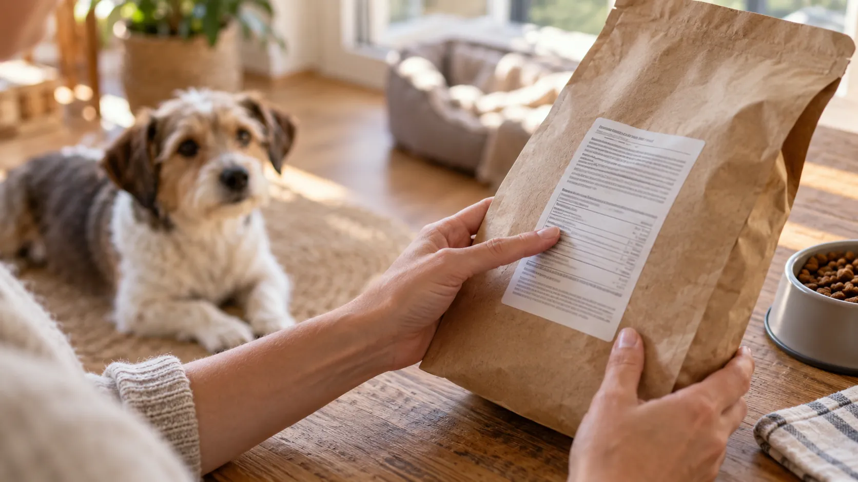 犬用フードの原材料表示ラベルを飼い主が確認するイメージ写真