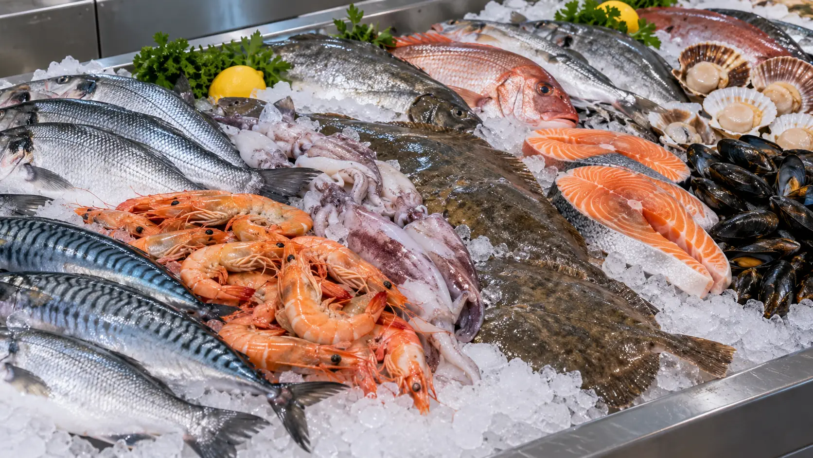 複数の魚介類が並ぶ鮮魚売り場のイメージ写真